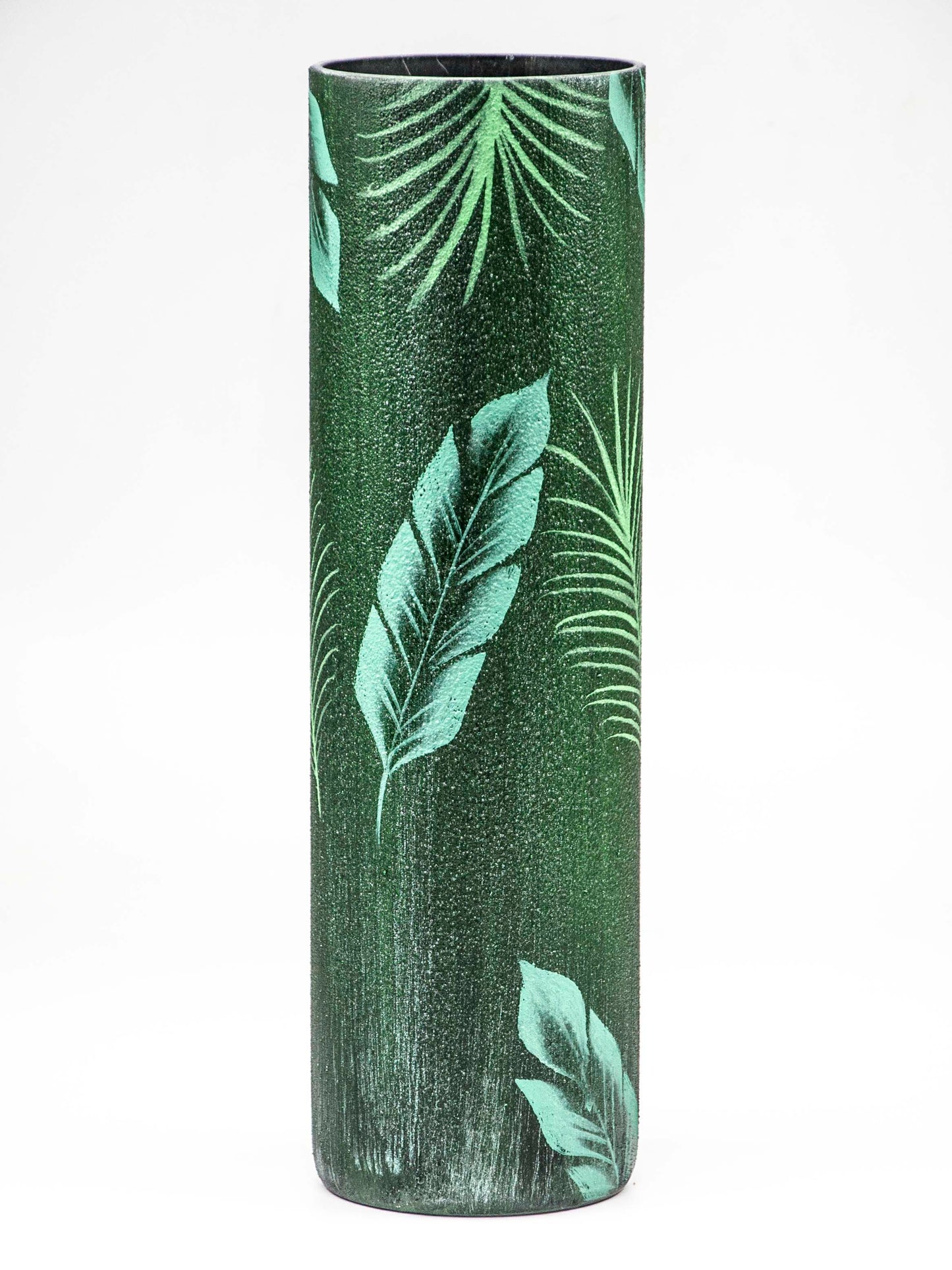 Glass Vase for Flowers | Cylinder Vase | Interior Design | Home Decor | Large Floor Vase 16 Inch | Tropical Leaves Decor