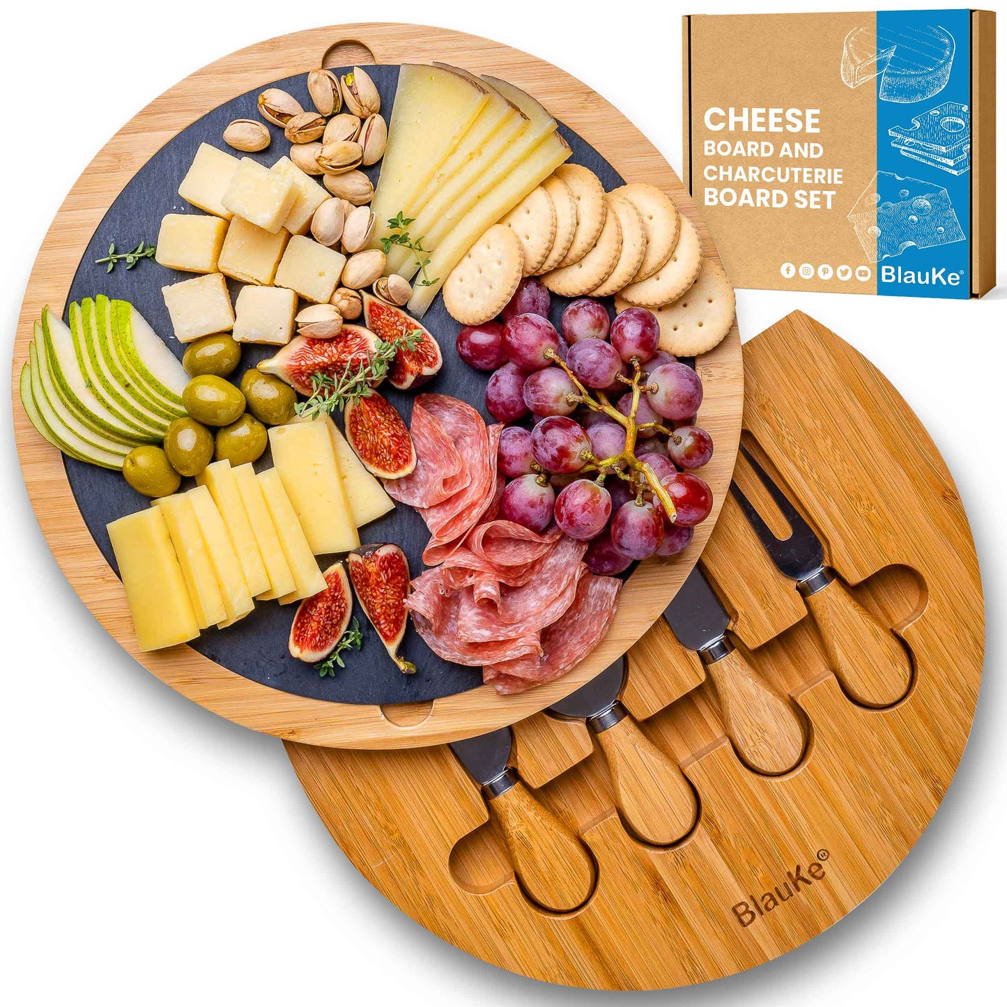 Round Bamboo Cheese Board With Knife Set and Removable Slate - 12 Inch Swiveling Charcuterie Board