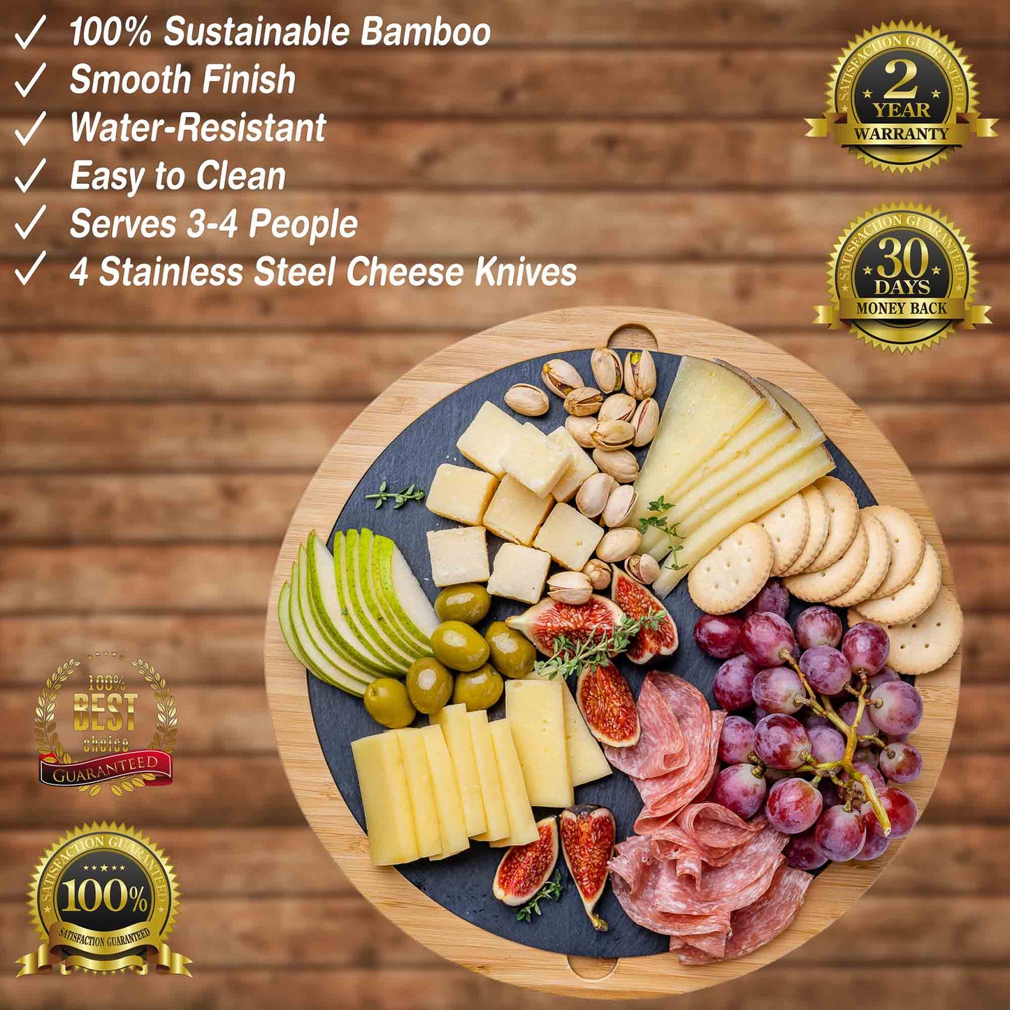 Round Bamboo Cheese Board With Knife Set and Removable Slate - 12 Inch Swiveling Charcuterie Board