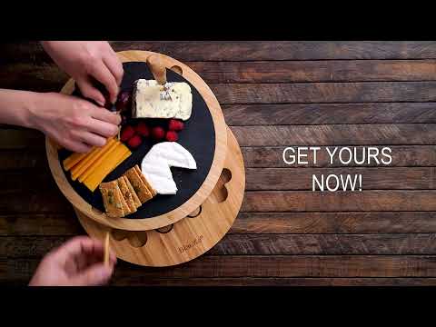 Round Bamboo Cheese Board With Knife Set and Removable Slate - 12 Inch Swiveling Charcuterie Board